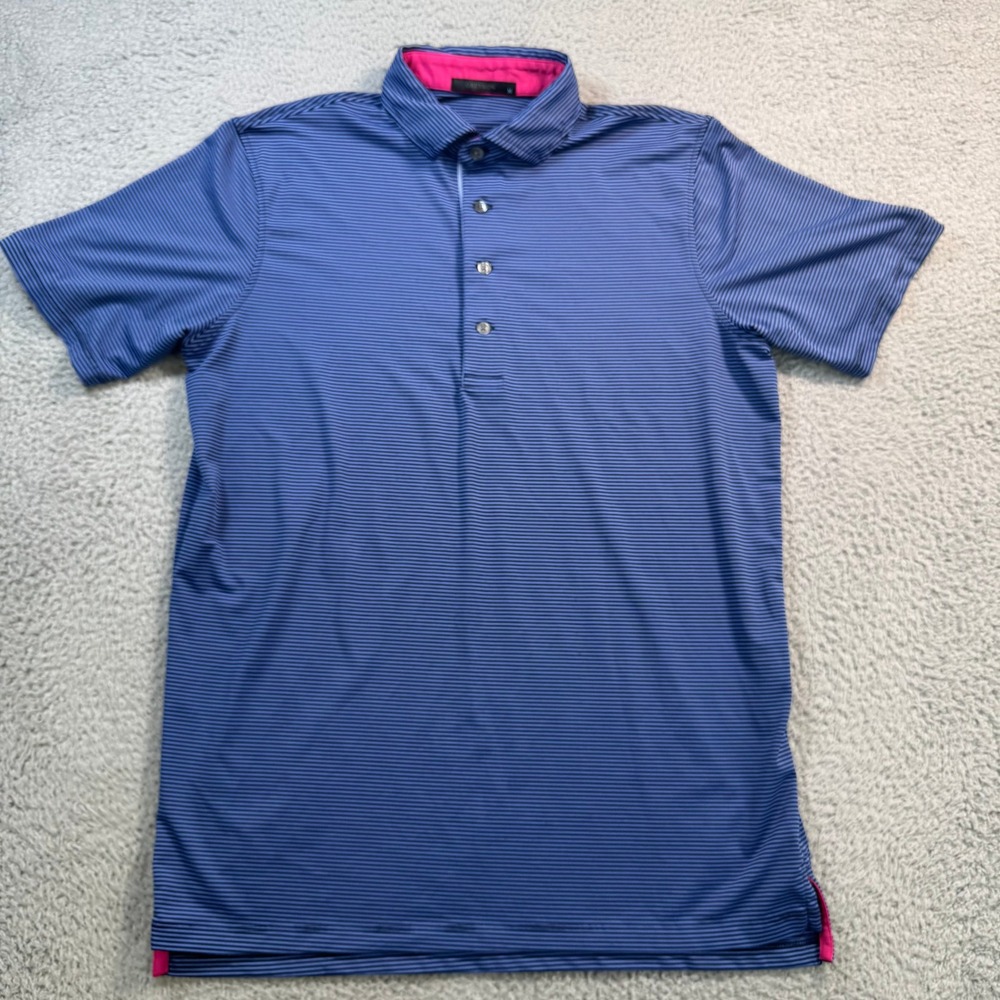 Greyson Mens Blue Navy Striped Performance Golf Polo Shirt Pink Trim Size Medium